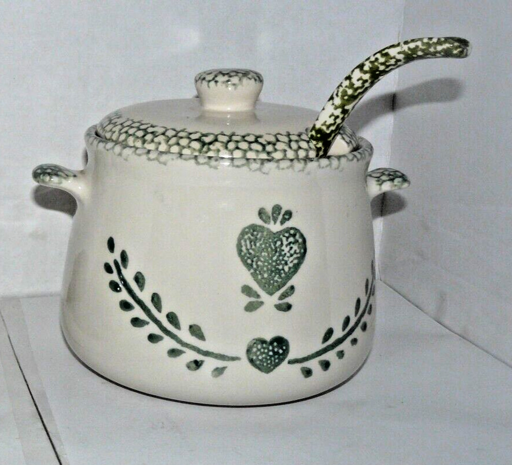 Vtg ceramic pottery ivory green heart soup tureen double handles lid ladle